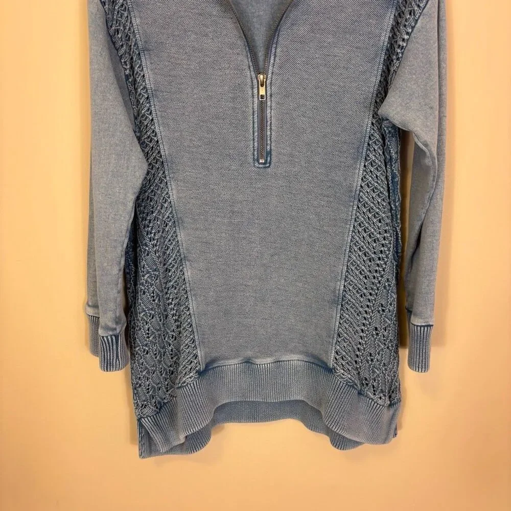 Soft Surroundings Blue Knit Side Hooded Quarter‎ Zip Hooded Pullover Small